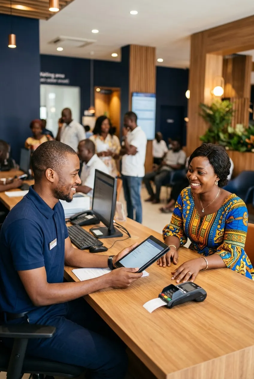 Agent et usagère africains dans un guichet de services publics