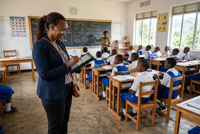 Inspectrice africaine évaluant une classe sur tablette