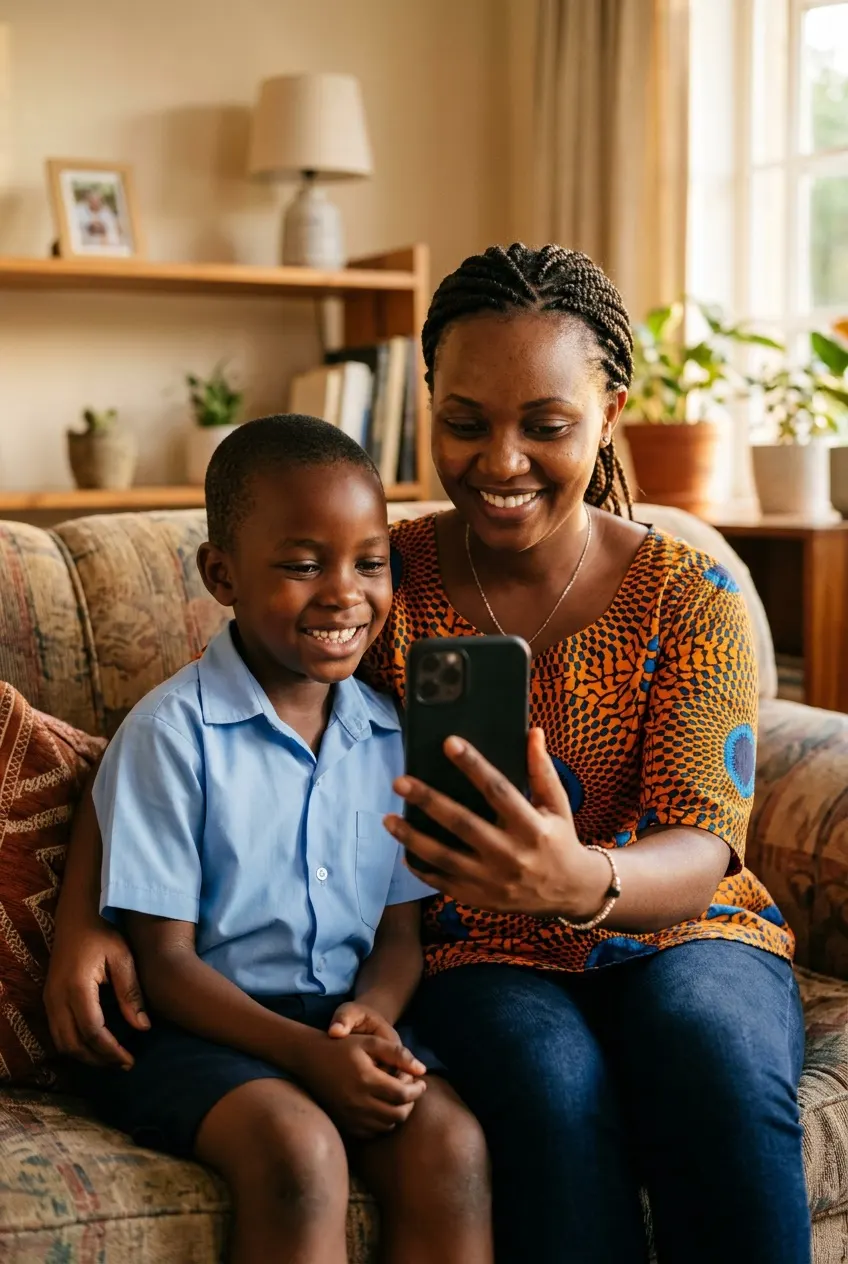 Mère rwandaise et son fils consultant un téléphone tenu droit